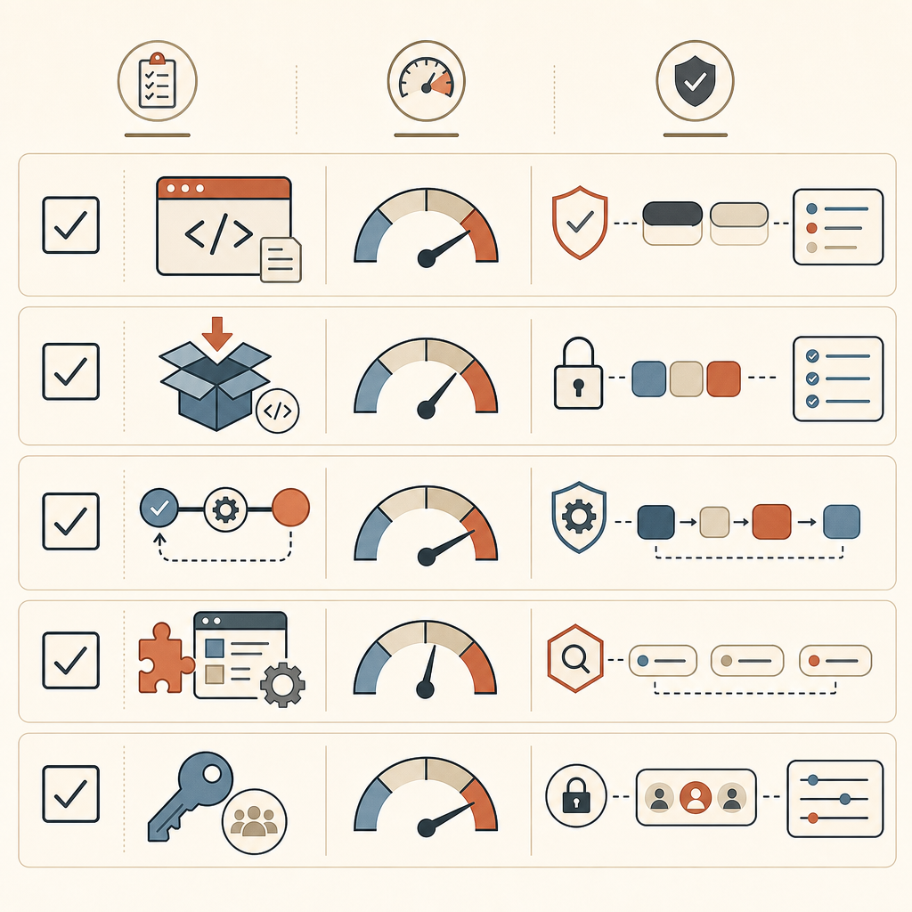 A compact audit checklist graphic with five rows: local scripts, SDK imports, CI workflows, third-party tools, and share