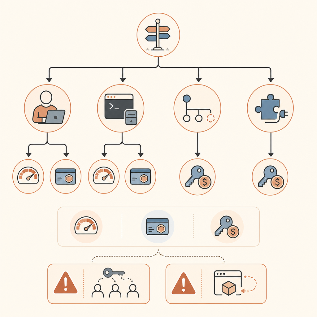 A small decision-tree diagram titled visually by icons only: “interactive,” “headless local,” “CI,” and “third-party too