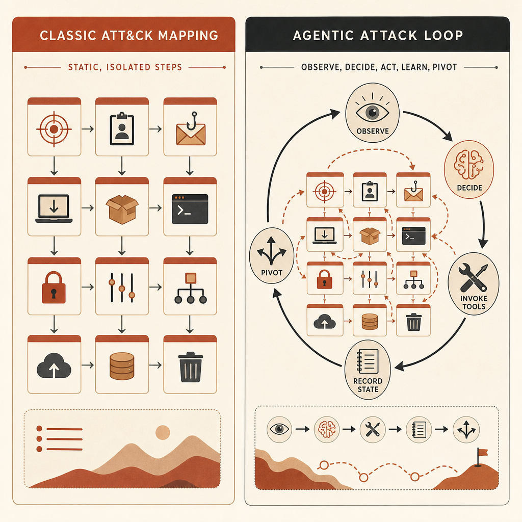 Split-panel diagram comparing classic ATT&CK mapping as separate technique boxes versus an agentic attack loop where the