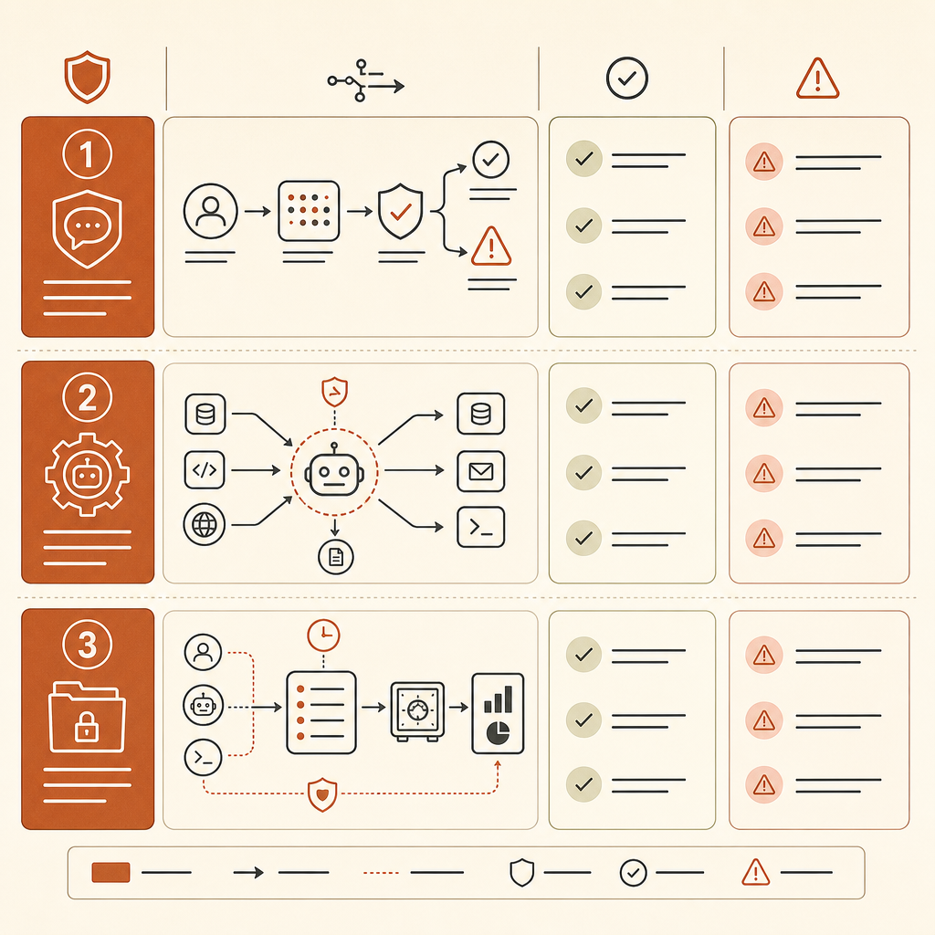 Compact comparison chart showing three control layers for AI cyber tools: prompt classifier, agent runtime policy, and e