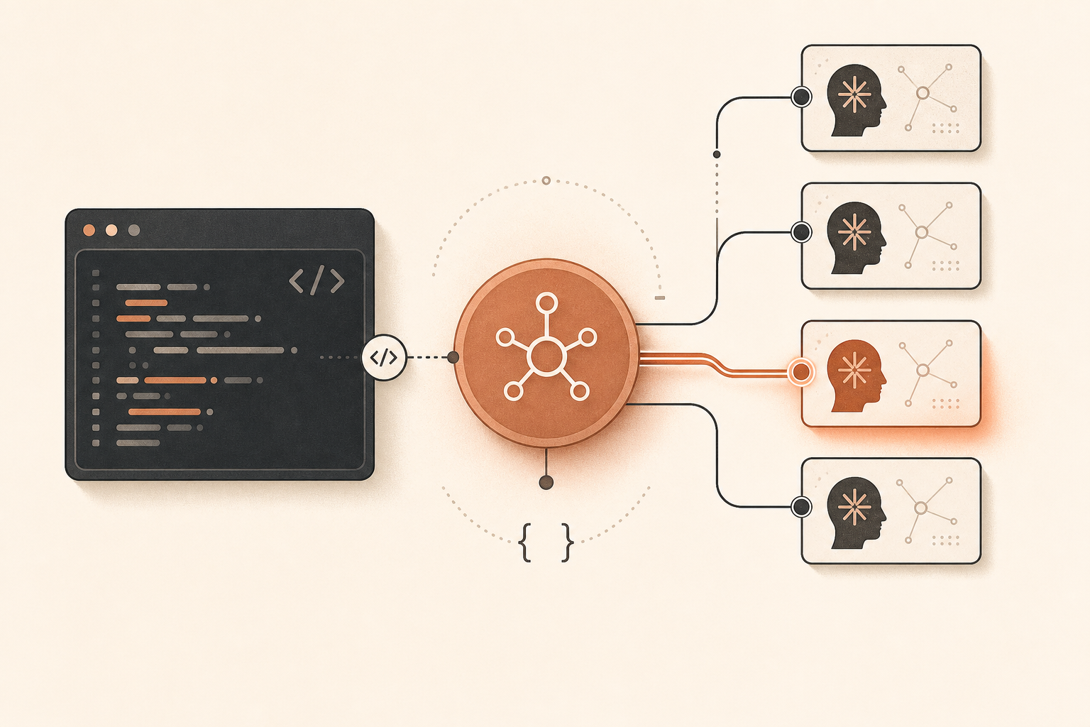 A cream-background vector cover showing a developer terminal connected through a terracotta OneHop-style gateway node to