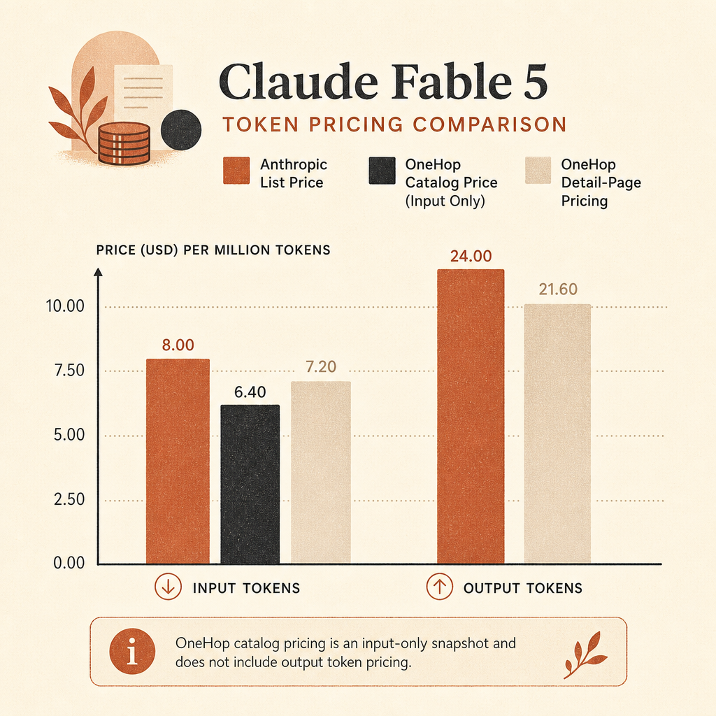 Compact price comparison bar chart comparing Anthropic list price versus OneHop catalog and OneHop detail-page pricing f