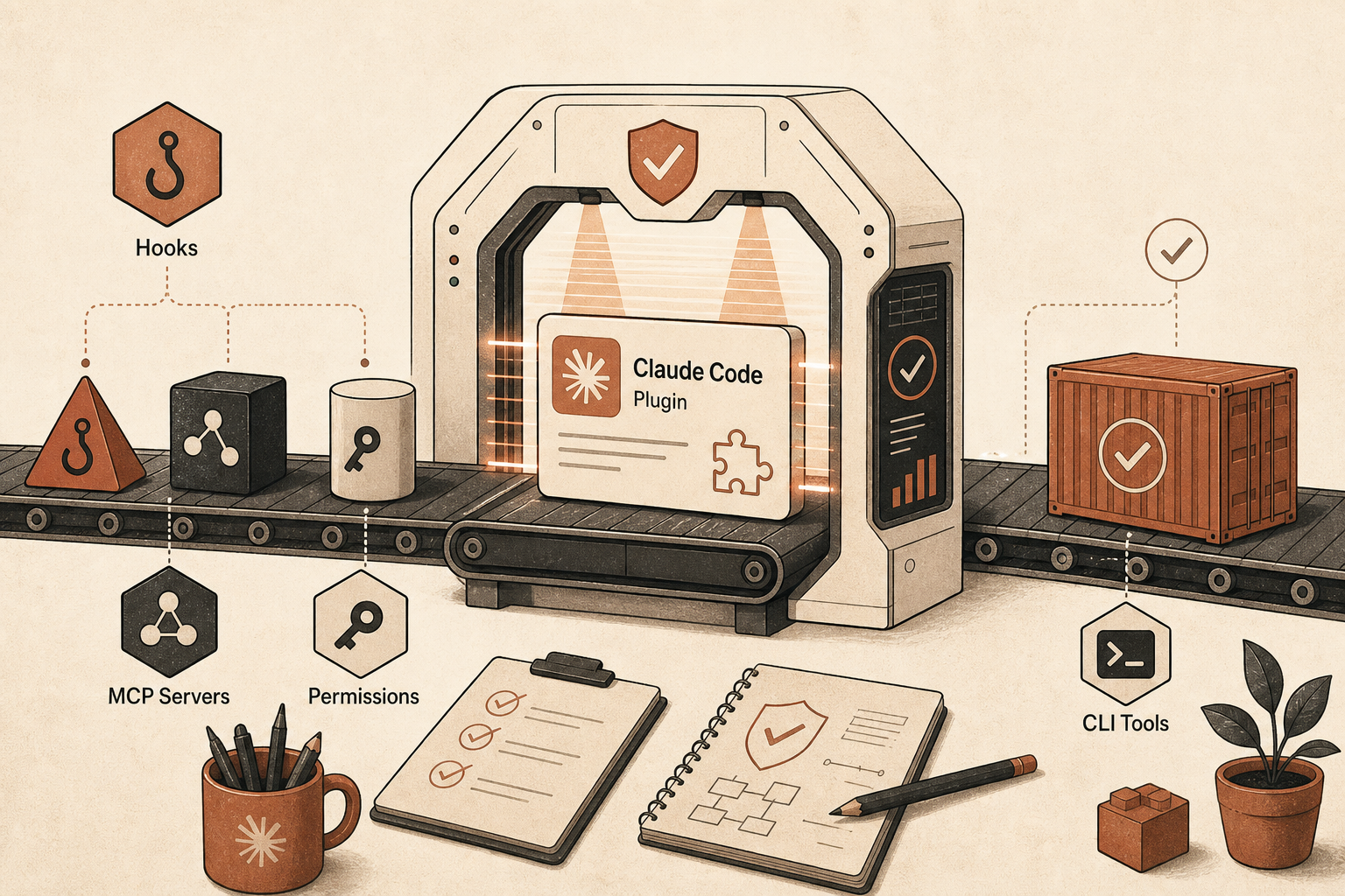 A developer workbench scene showing a Claude Code plugin marketplace card passing through a security scanner, with small
