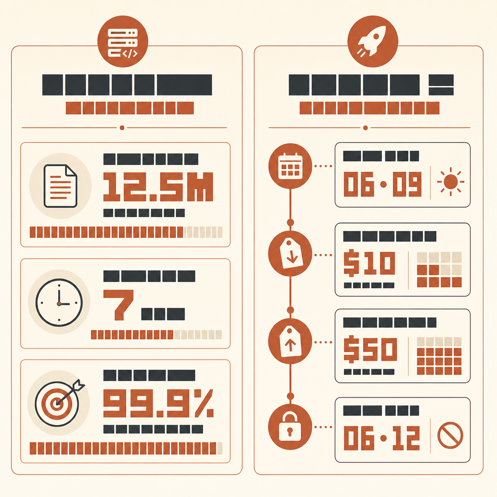 Compact comparison chart with two panels: left panel shows Rakuten case metrics, 12.5M lines, 7 hours, 99.9% numerical a