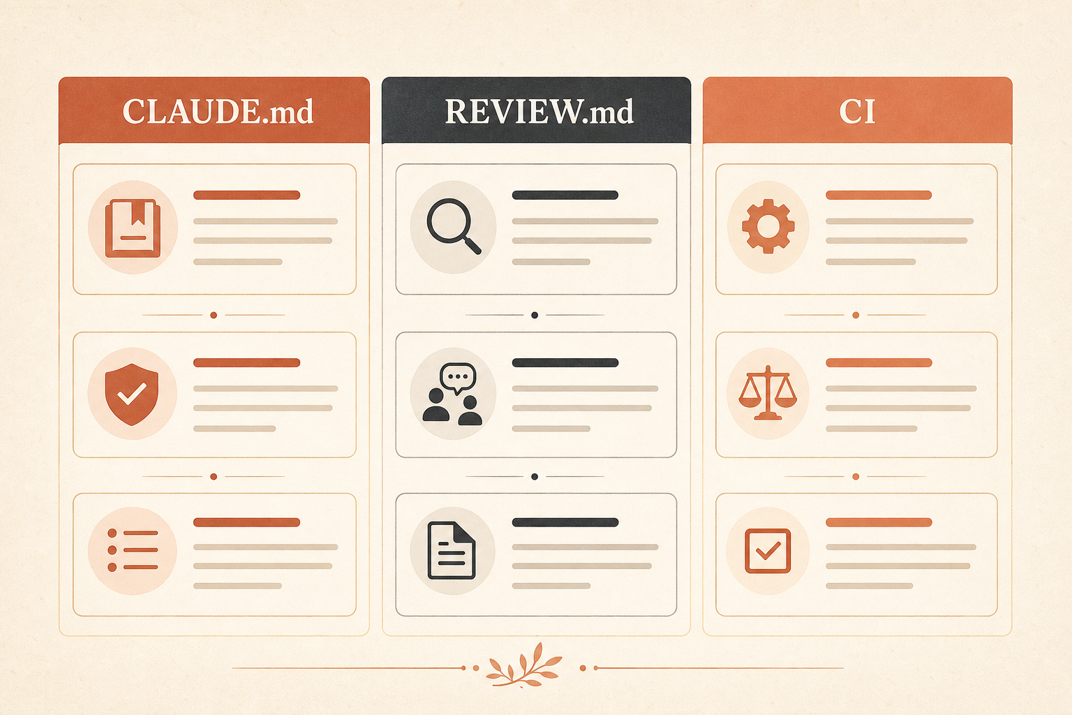 A compact comparison table visual with three columns labeled CLAUDE.md, REVIEW.md, and CI, showing context rules, review