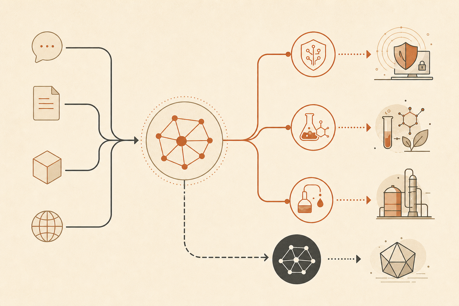 A cream-background editorial diagram showing Claude Fable 5 as a central routing node, with three terracotta classifier 