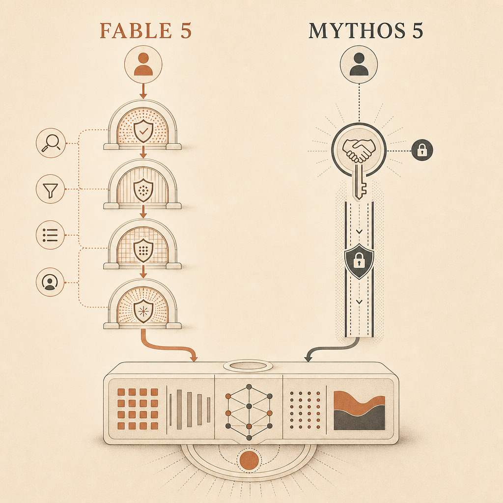 A cover-matching model-family diagram showing Fable 5 and Mythos 5 sharing the same underlying model block, with Fable p