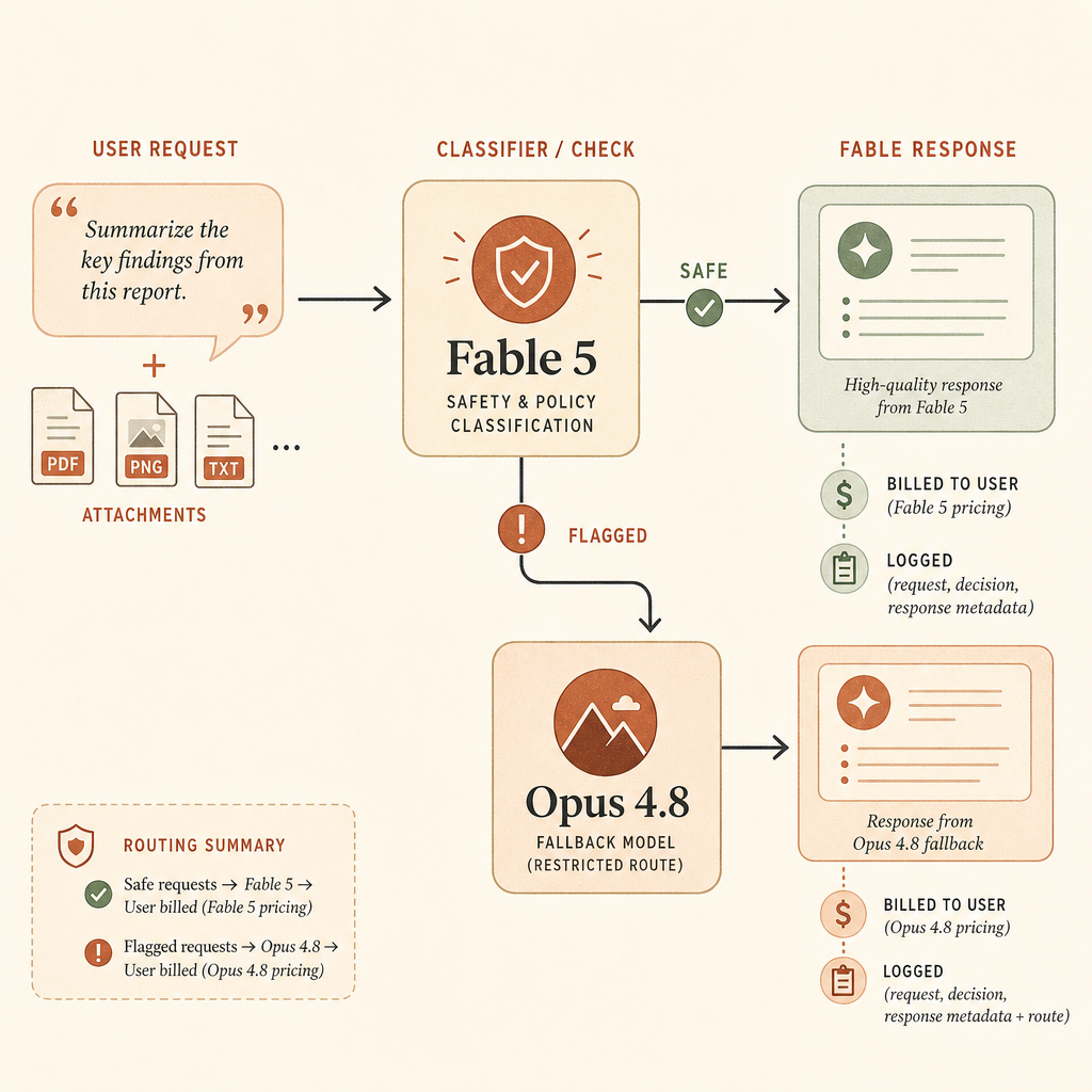 A left-to-right request flow sketch: user prompt plus files enter Fable 5 classifier checks, safe requests go to Fable r
