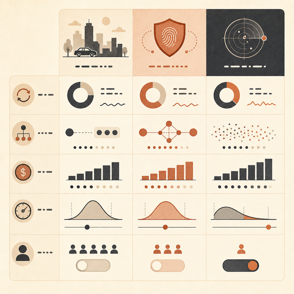 A compact evaluation dashboard mockup with three columns labeled normal traffic, sensitive traffic, and false-positive p