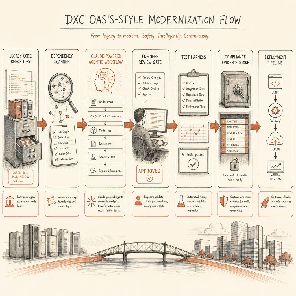 Architecture sketch of DXC OASIS-style modernization flow: legacy code repository, dependency scanner, Claude-powered ag
