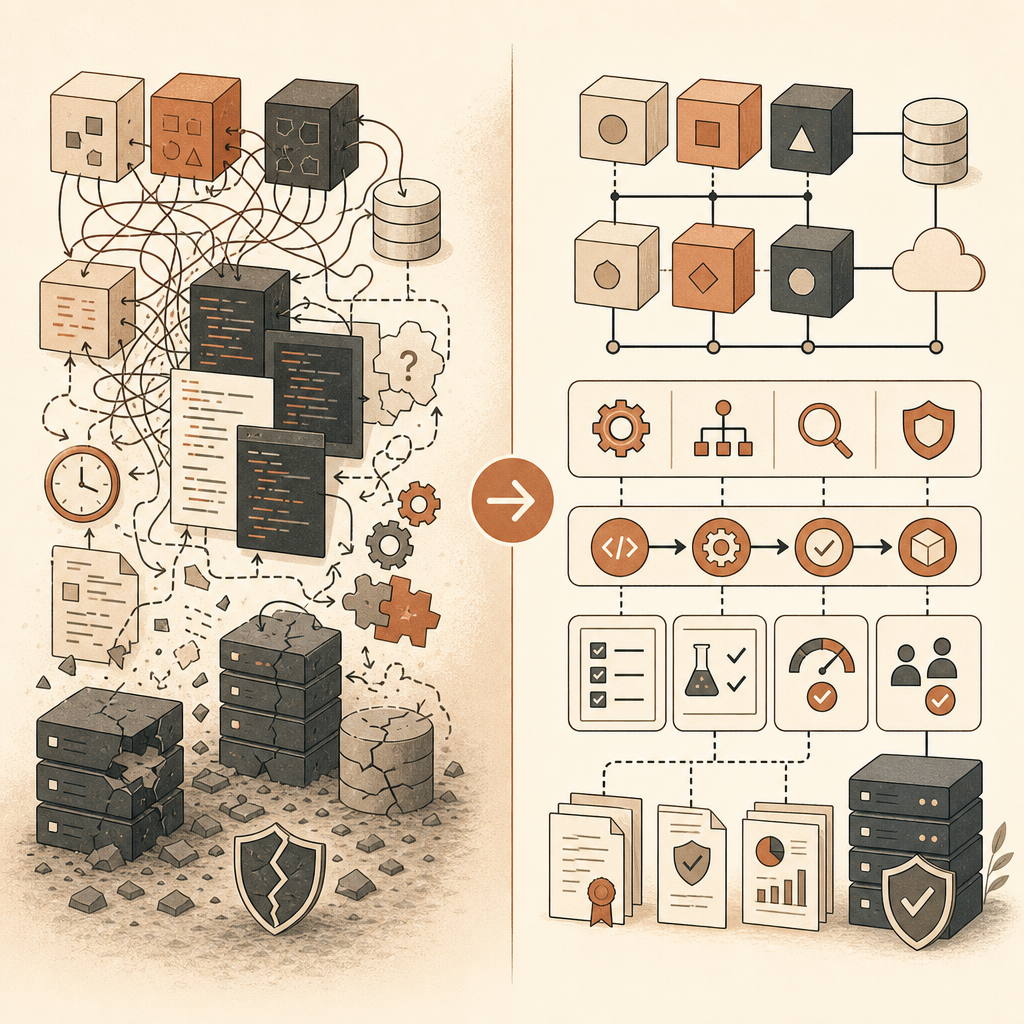 Before-and-after modernization comparison: left side shows tangled legacy modules, batch jobs, and undocumented integrat