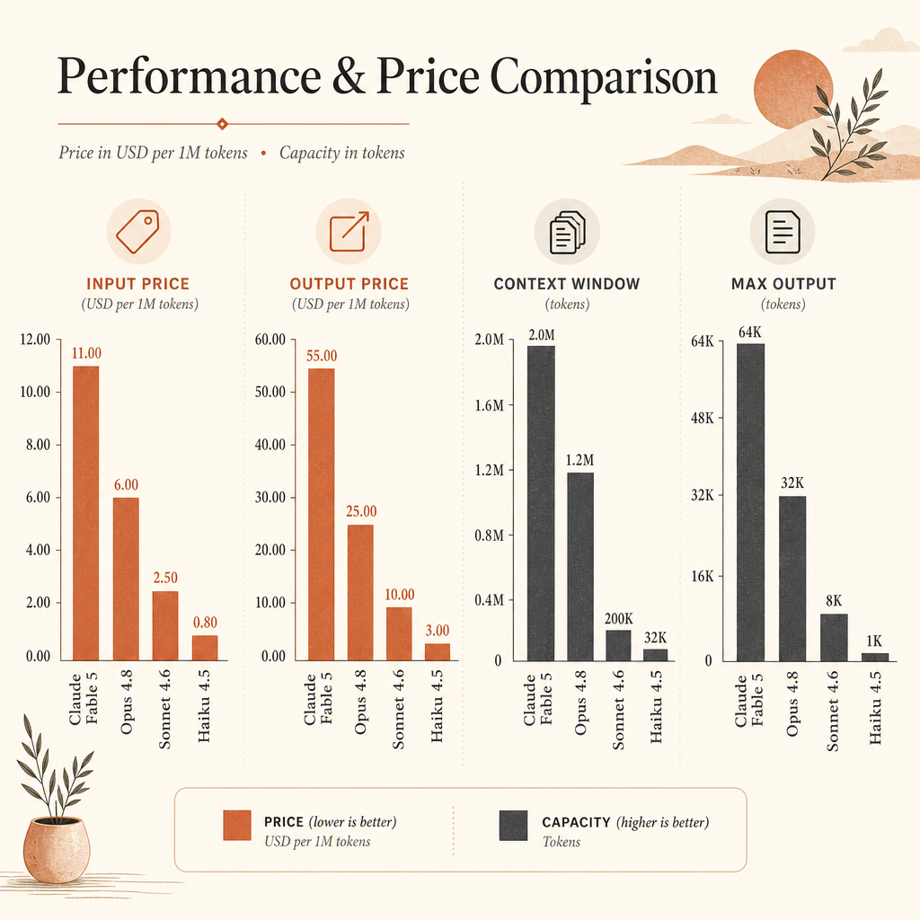Performance and price comparison chart showing Claude Fable 5, Opus 4.8, Sonnet 4.6, and Haiku 4.5 with bars for input p