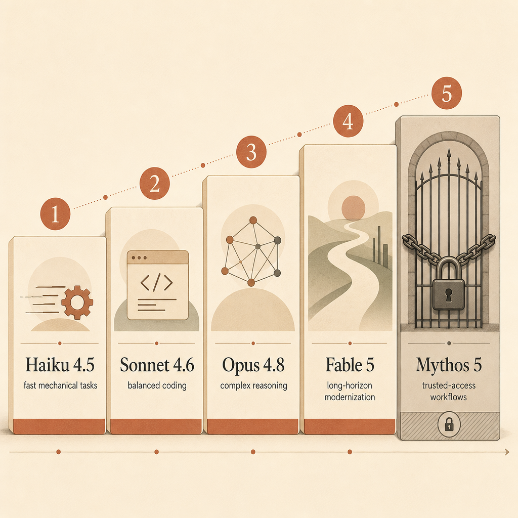 Model-family diagram showing Haiku 4.5 for fast mechanical tasks, Sonnet 4.6 for balanced coding, Opus 4.8 for complex r