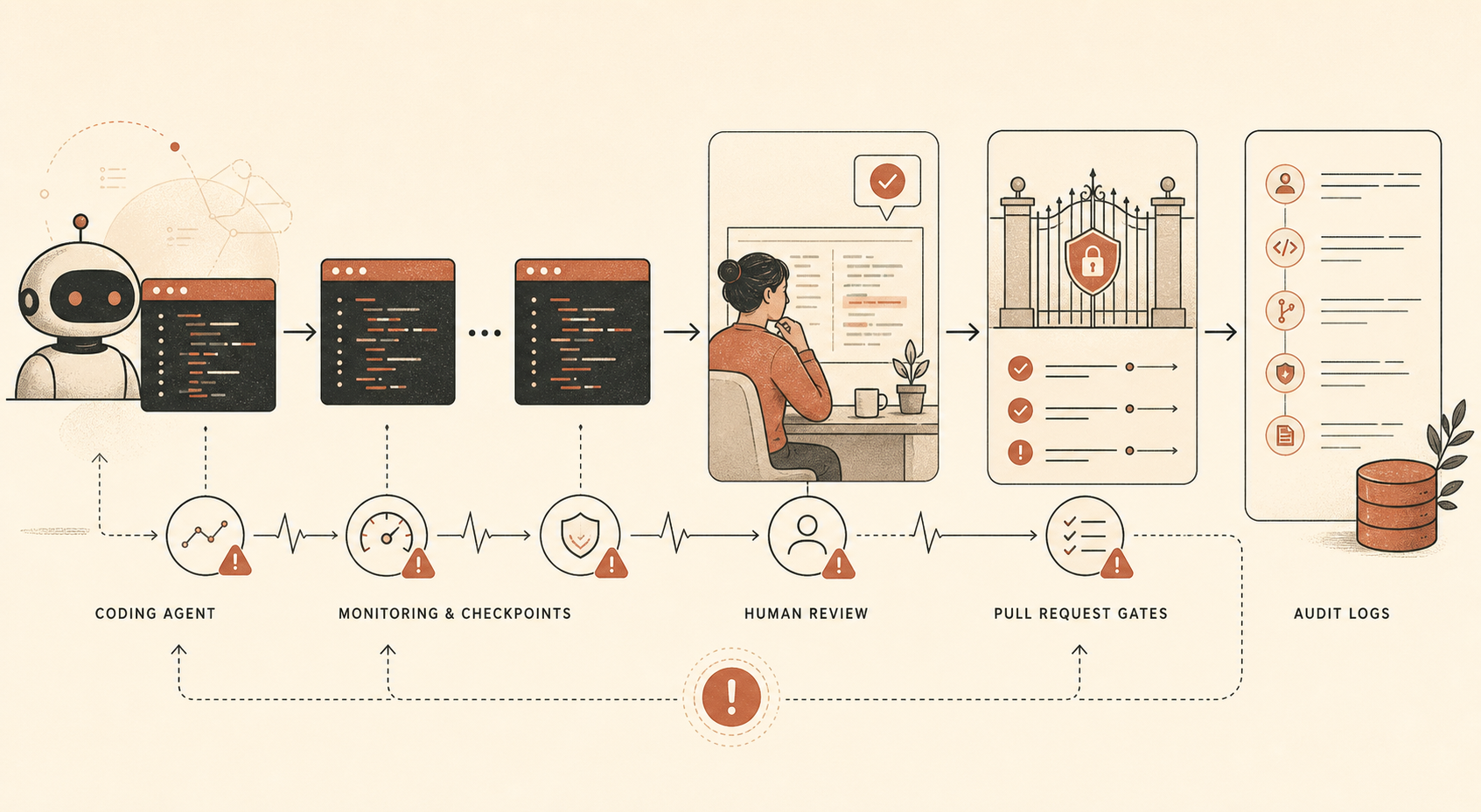 A cream-background editorial illustration of a coding agent pipeline: terminal windows flowing through monitoring checkp