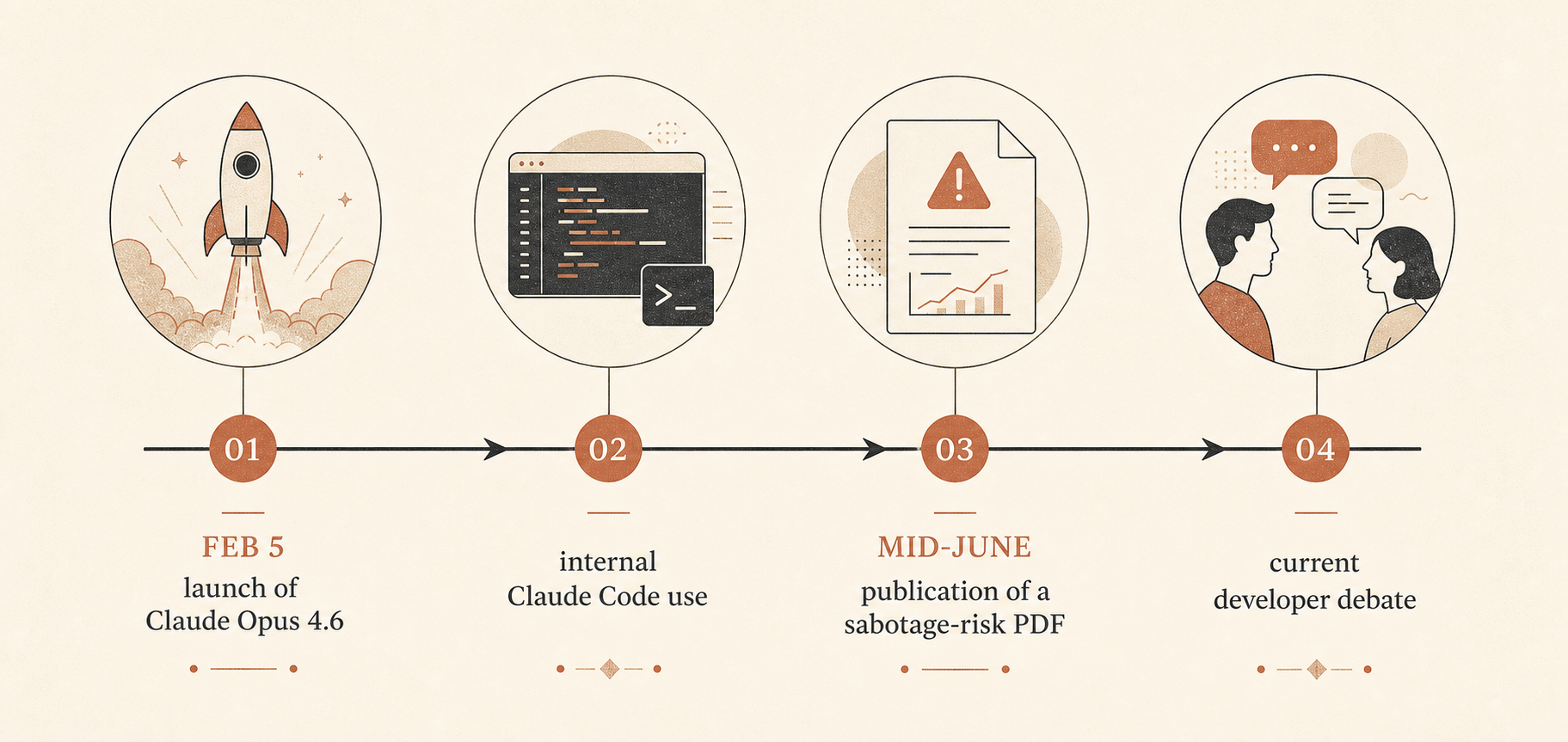 Timeline figure showing Feb 5 Claude Opus 4.6 launch, internal Claude Code use, mid-June sabotage-risk PDF publication, 