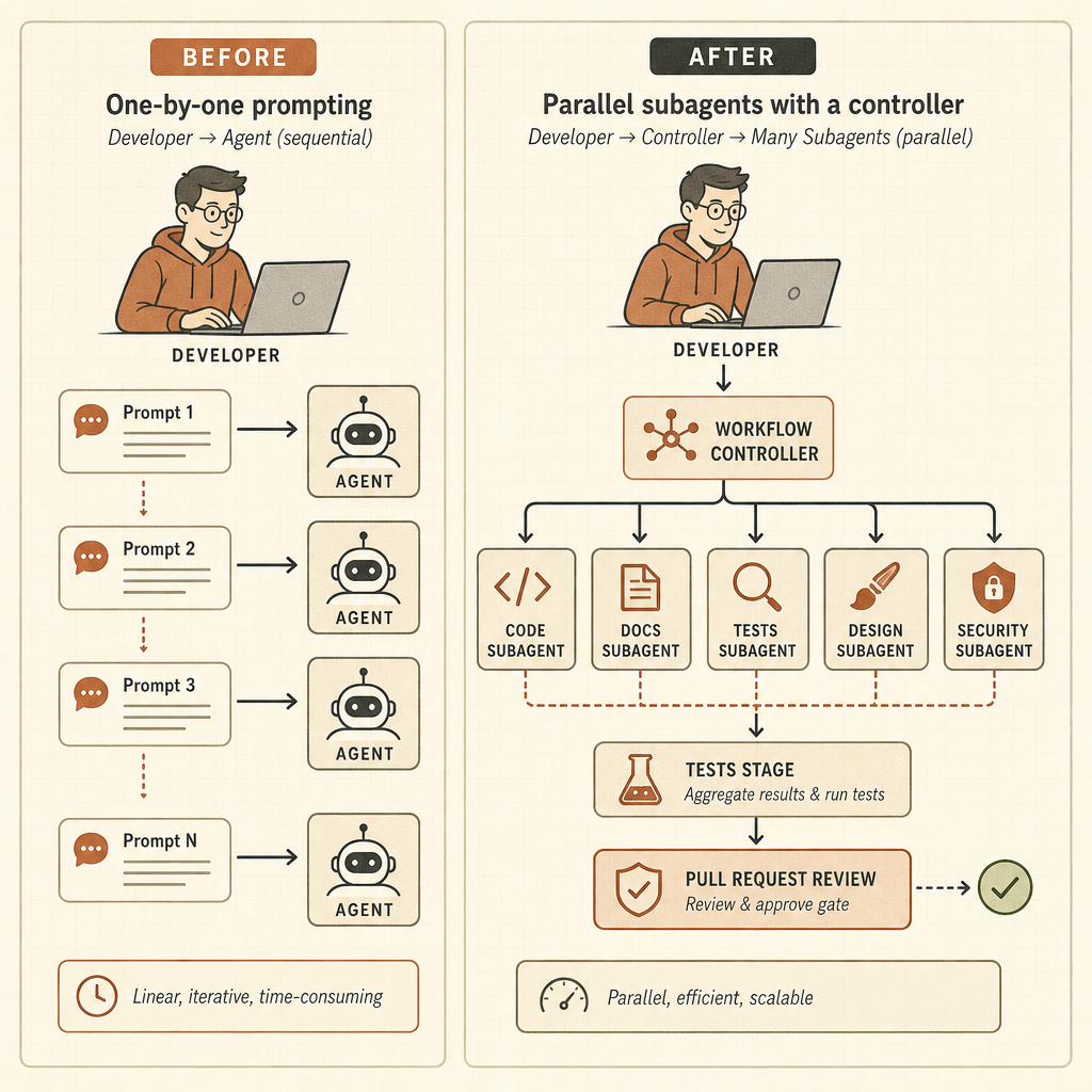 A before-and-after workflow sketch: left side shows one developer sending sequential prompts to one agent; right side sh
