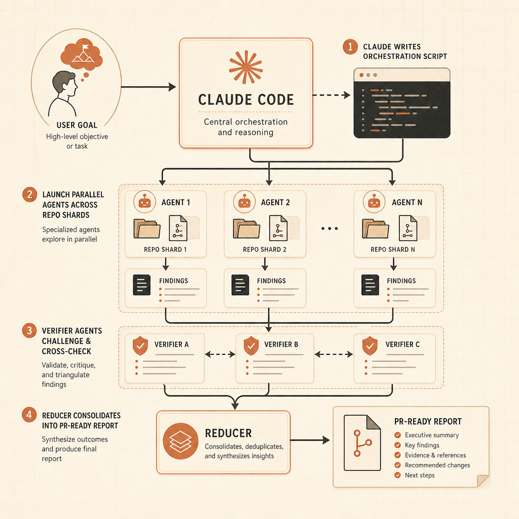A compact architecture diagram of dynamic workflows: user goal enters Claude Code, Claude writes an orchestration script