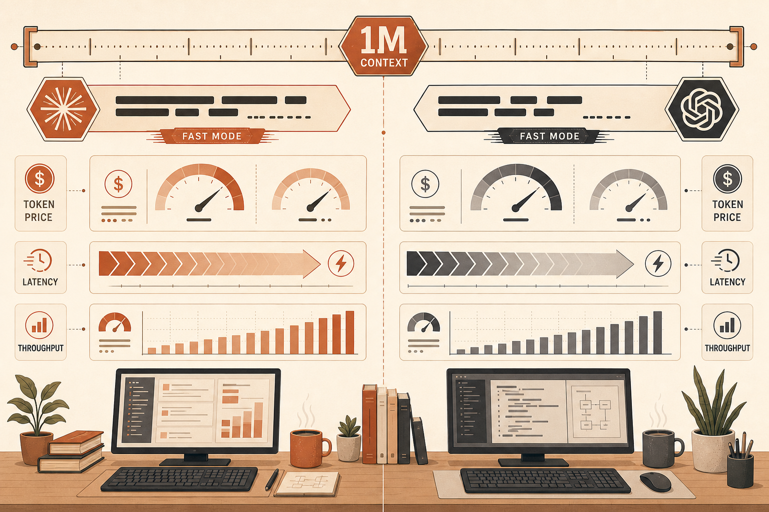 A split-screen developer workstation illustration comparing two model lanes: Claude Opus 4.8 Fast Mode on one side and G