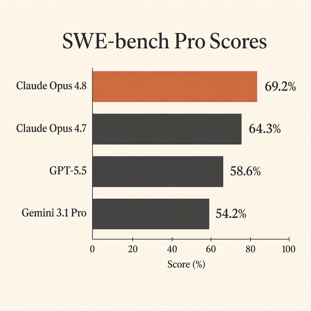 Compact horizontal bar chart on cream background comparing SWE-bench Pro scores: Claude Opus 4.8 69.2%, Claude Opus 4.7 