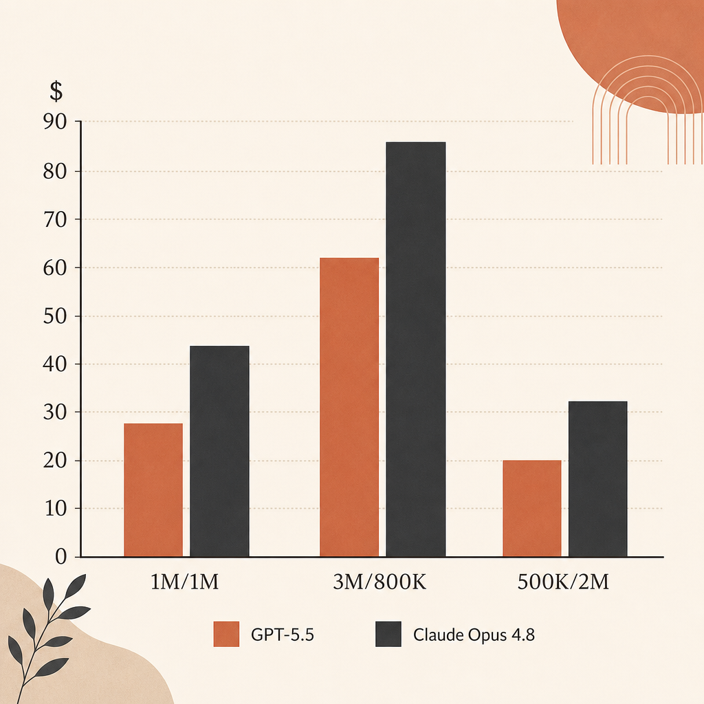 Bar chart comparing Claude Opus 4.8 and GPT-5.5 costs for three workloads: 1M/1M, 3M/800K, and 500K/2M input-output toke
