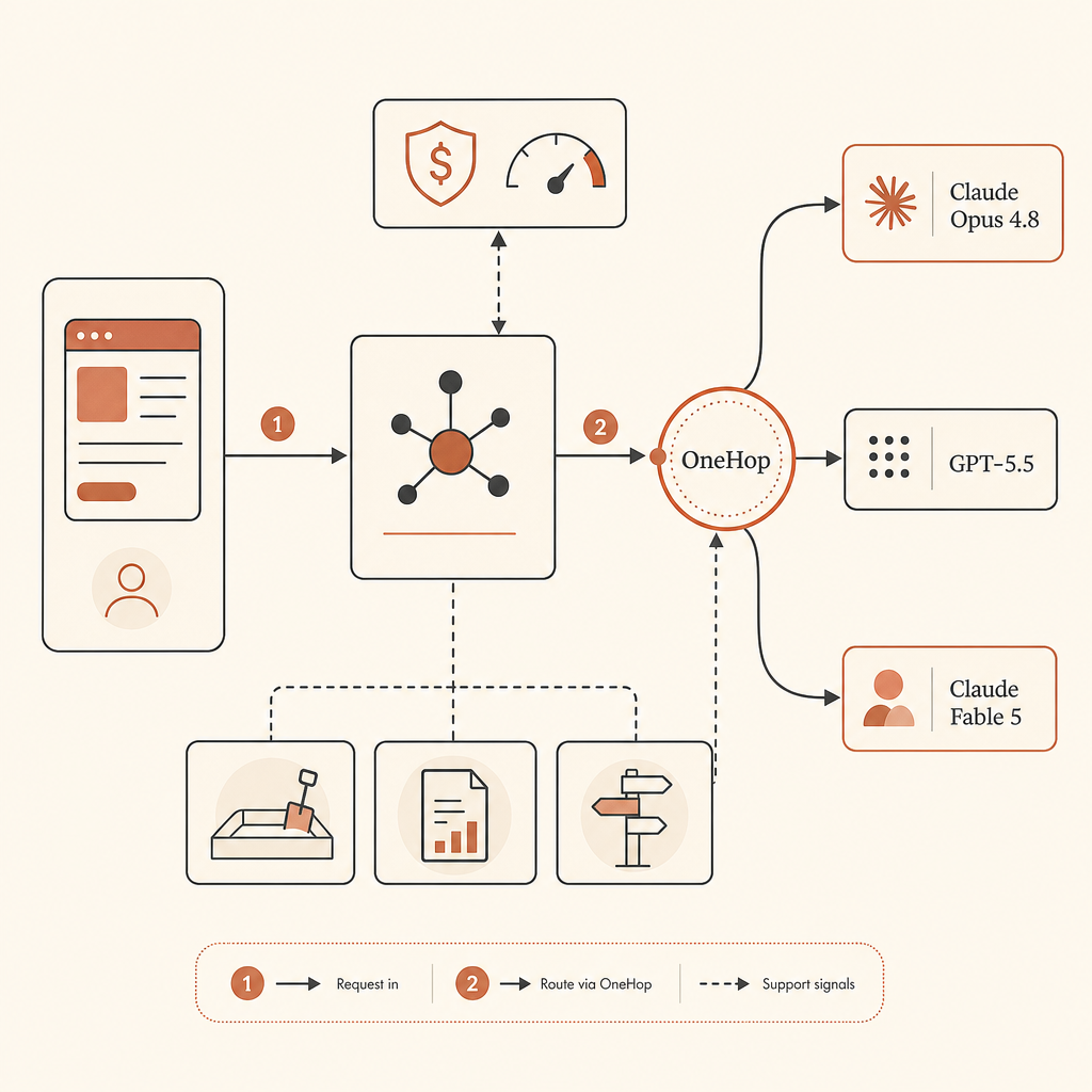 Architecture flow sketch showing an app calling a model router, then branching to Claude Opus 4.8, GPT-5.5, and Claude F
