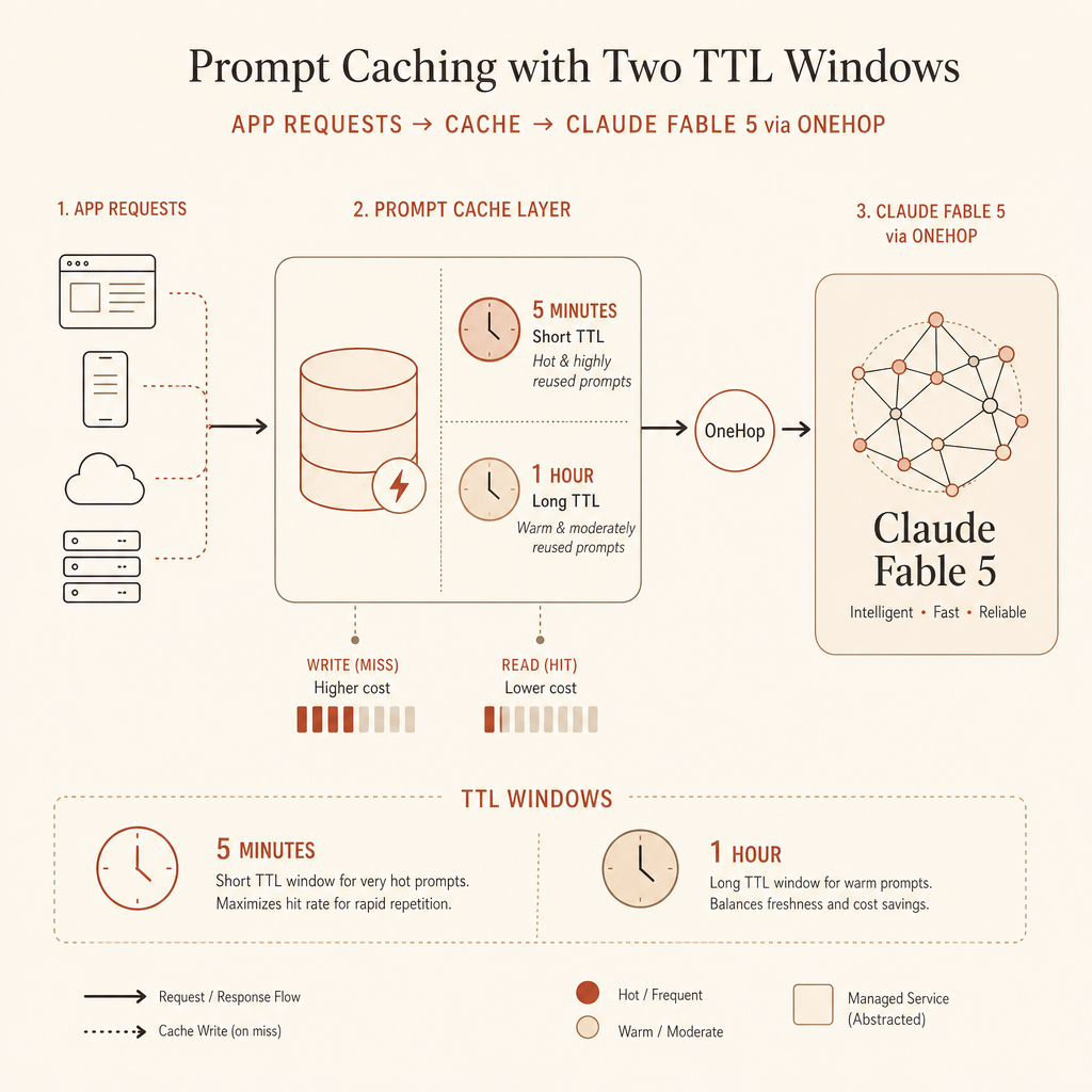 Cover-style architecture sketch of app requests flowing into a prompt cache layer, then Claude Fable 5 through OneHop; i
