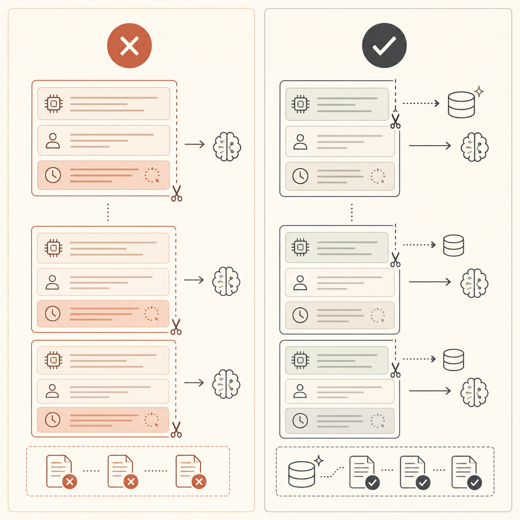 Before-and-after diagram showing a bad cache breakpoint after a changing timestamp/user message versus a good breakpoint