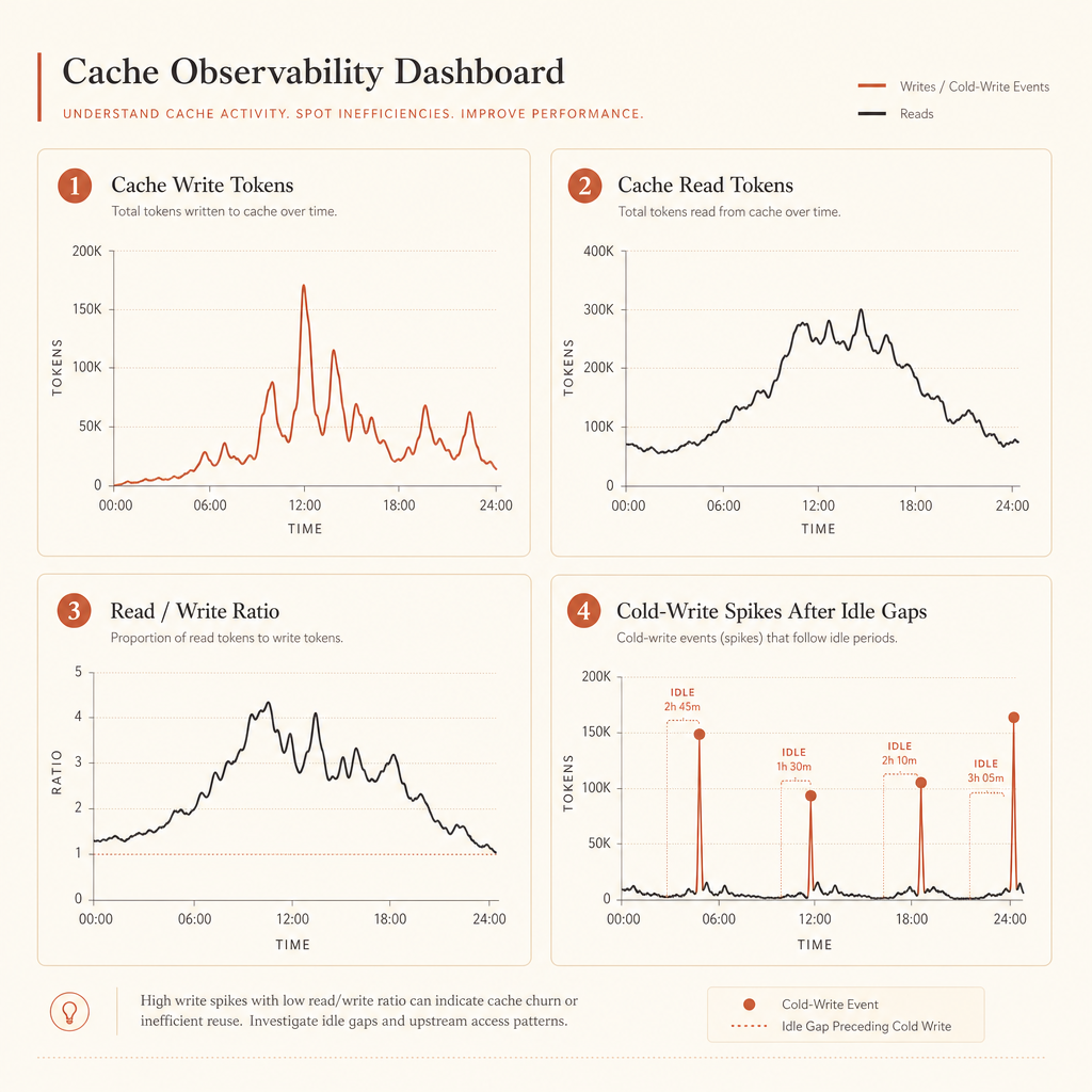 Compact observability dashboard mockup with four panels: cache write tokens, cache read tokens, read/write ratio, and co