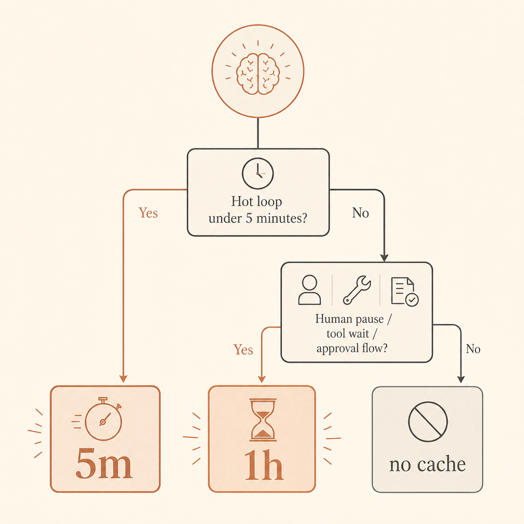 Decision tree comparing 5-minute and 1-hour cache choices: hot loop under 5 minutes goes to 5m, human pause/tool wait/ap