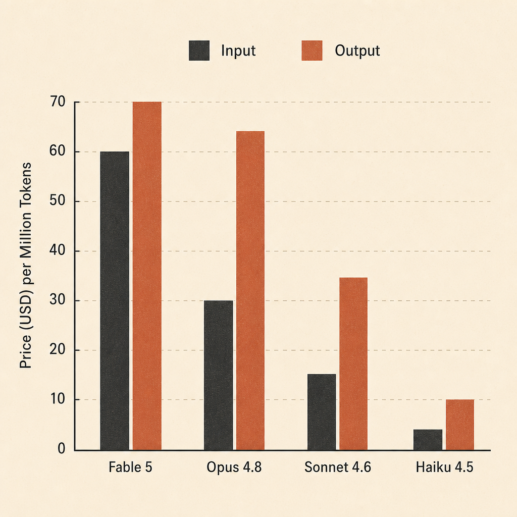 Compact bar chart comparing input and output price per million tokens for Fable 5, Opus 4.8, Sonnet 4.6, and Haiku 4.5, 