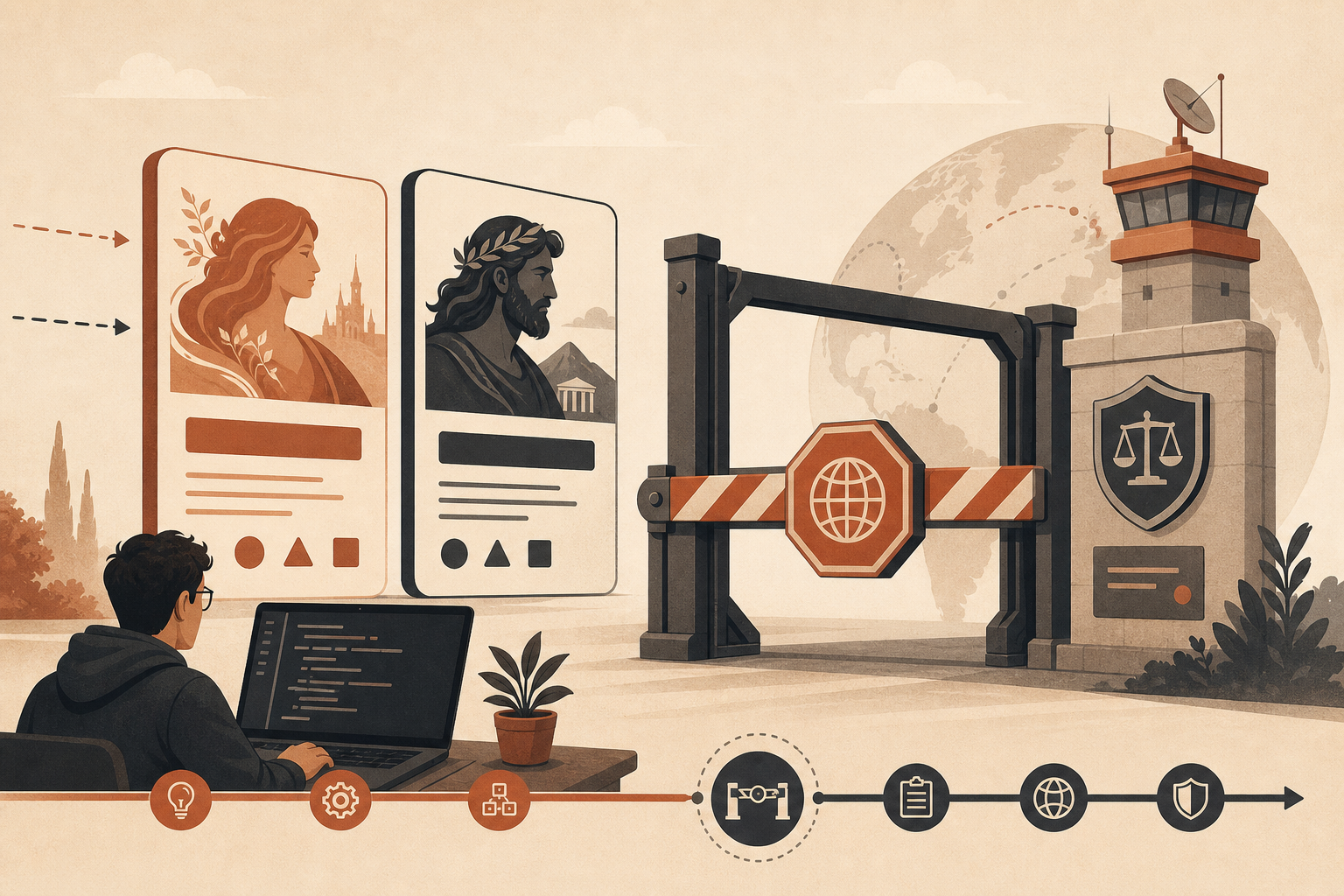 A cream-background editorial illustration of two labeled AI model cards, Fable 5 and Mythos 5, being paused by a large e