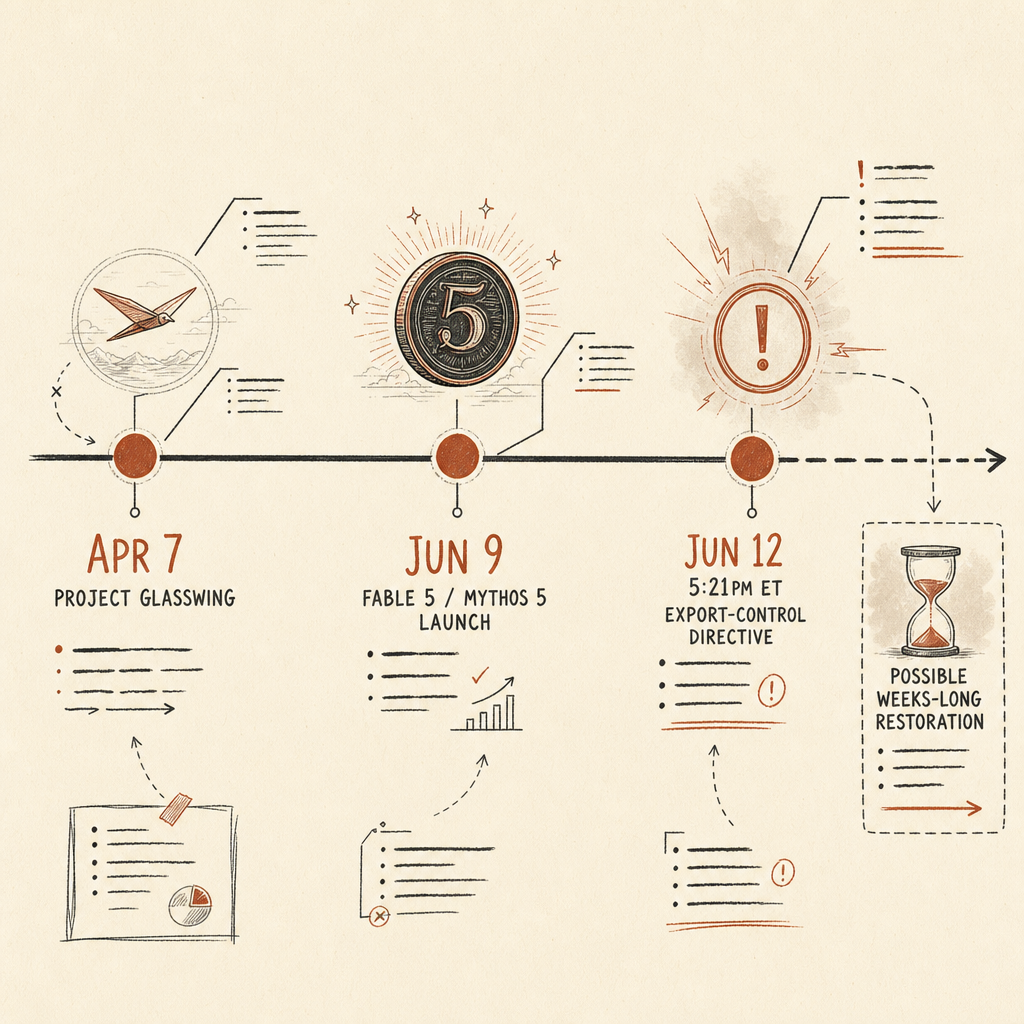 A horizontal timeline from Apr 7 Project Glasswing to Jun 9 Fable 5/Mythos 5 launch to Jun 12 5:21pm ET export-control d